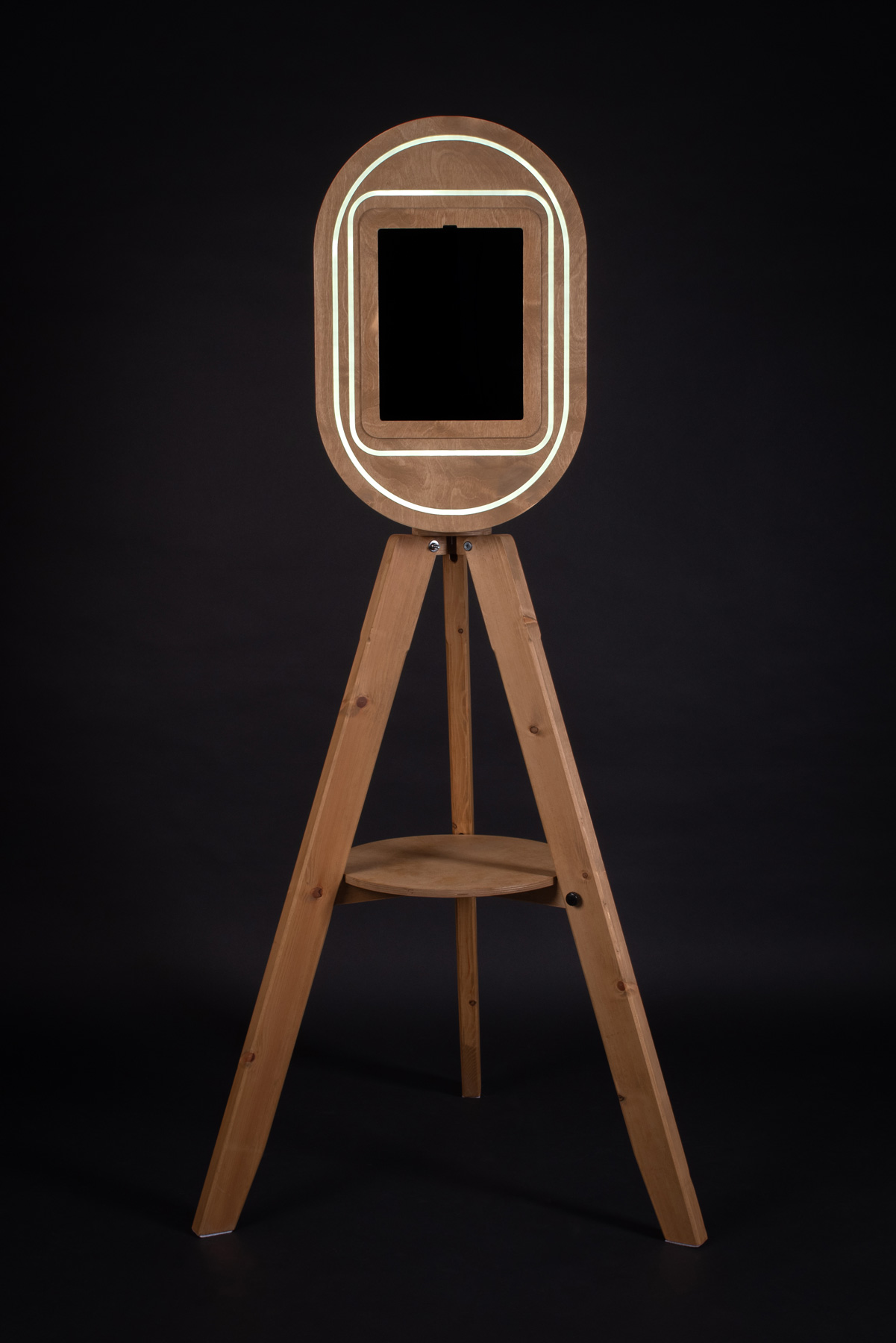 The front of Vintage Photo Booths in Oak against a black background. Buy a Vintage Photo Booth exactly like this today