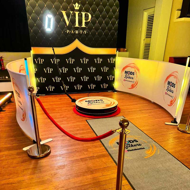 360 Photo Booth VIP background wooden floor and rope guidelines.